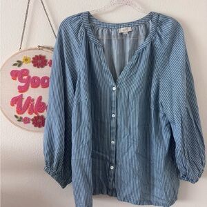 LOFT Blue and White Striped Button-Front Blouse